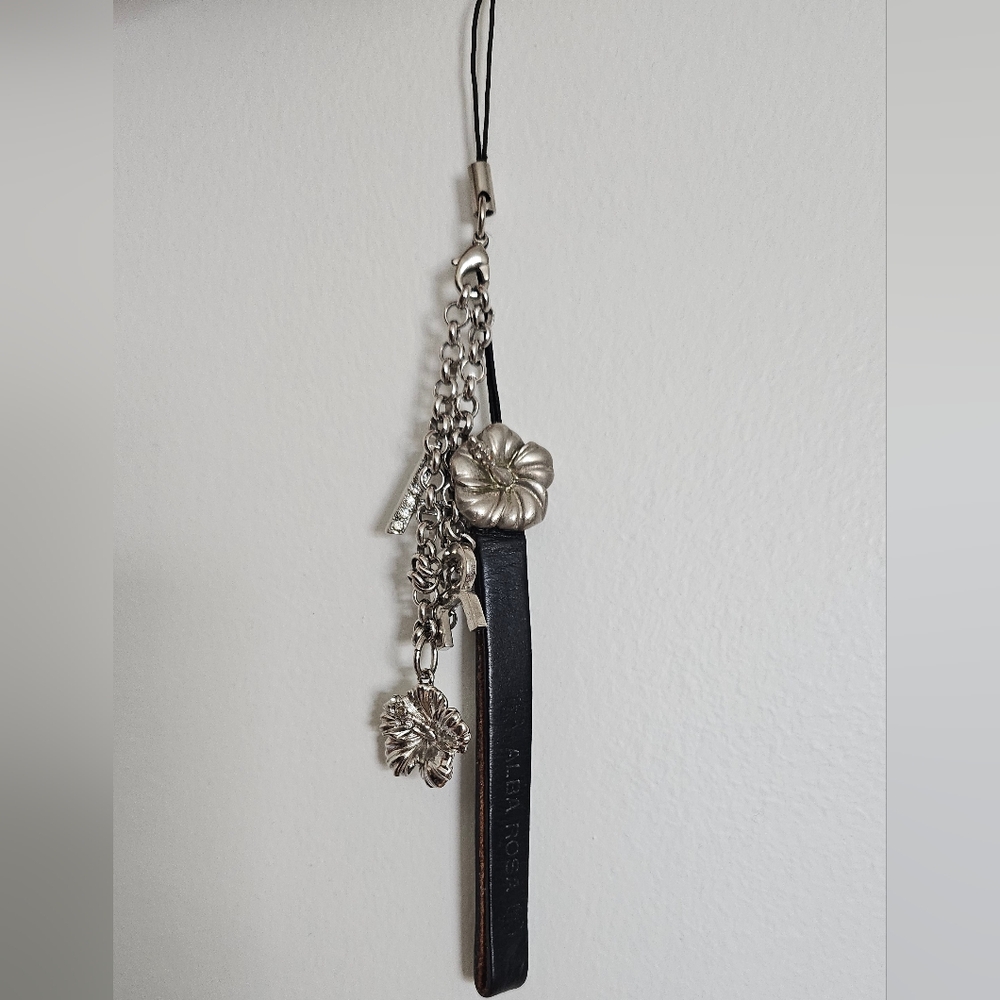 Alba Rosa Gyaru Silver Hibiscus Keychain Phone Charm On Black Leather Strap
